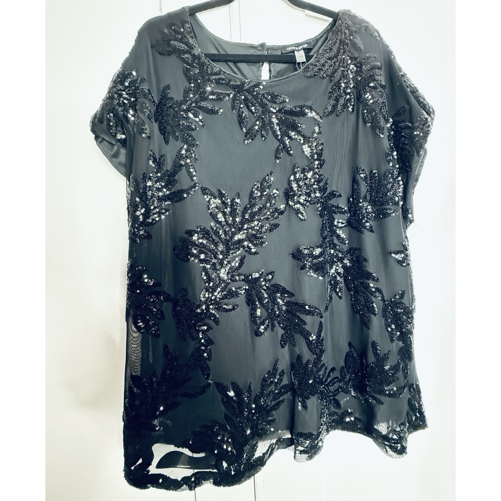 Cable & Gauge 3X NWT Black Sequin Mesh Top Plus Size Evening Party Cocktail Glam